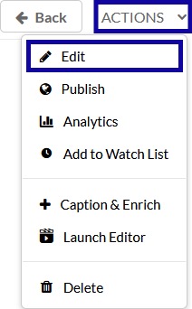 Highlighting the edit option under the actions menu for a video.