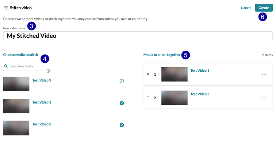 screenshot of stitch video screen, with the title highlighted with 3, menu of existing videos highlighted with 4, preview of select videos highlighted with 5, and the Create button highlighted with 6