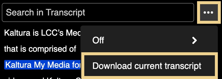 From the More transcript options (three dots) dropdown menu, select Download current transcript.