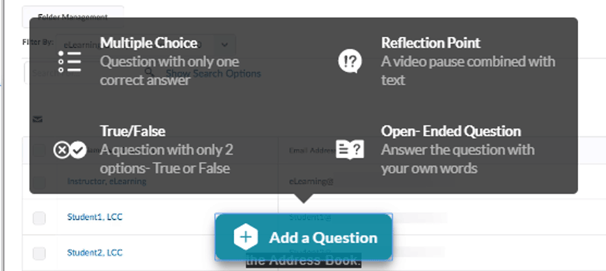 Screenshot of Question Types in the Quiz Question Editor.