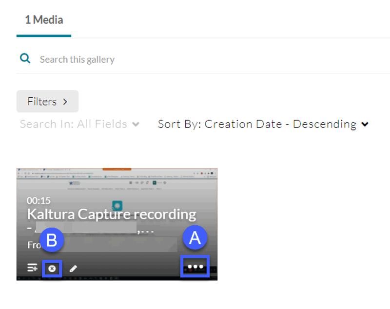 Screenshot of the Kaltura Media Gallery, highlighting the Media Options Menu and Delete button.