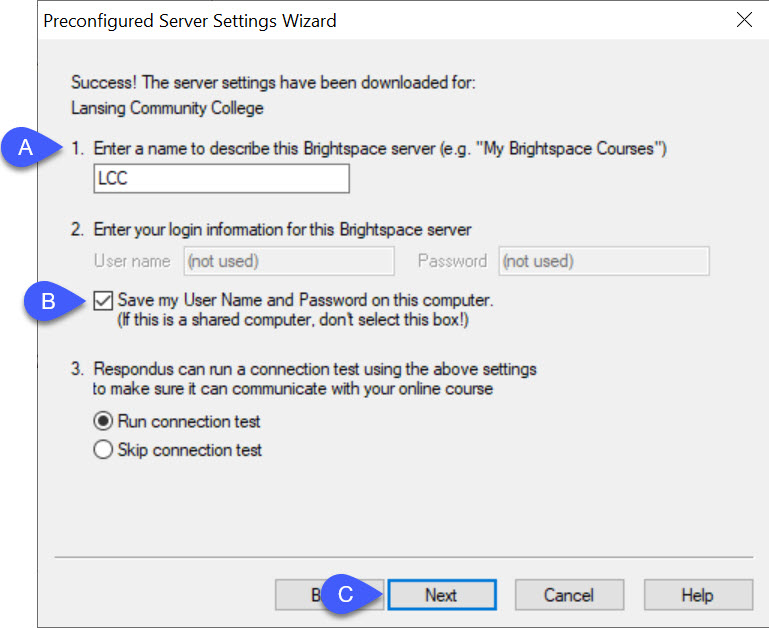 Preconfigured Server Settings Wizard example