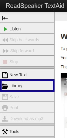 Select library within the ReadSpeaker TextAid navigation menu.