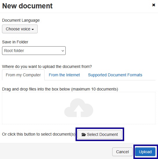 Select the Select document button.