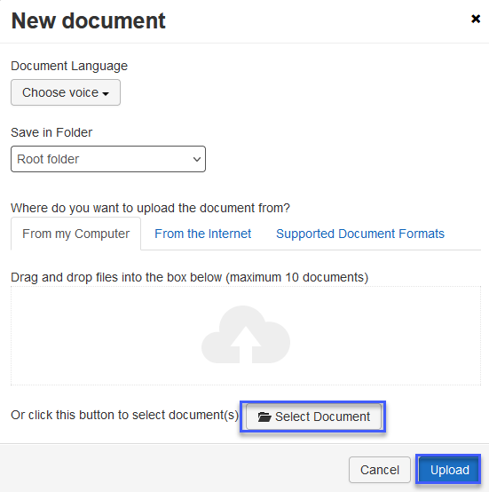 Select the Select document button.