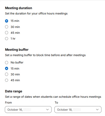 Meeting duration, meeting buffer, and date range selected