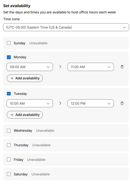 Set availability days selected