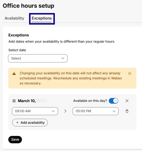 Office hours setup exceptions highlighed