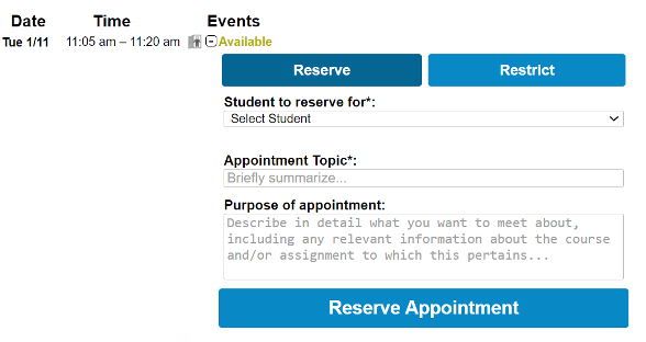 Reserve Appointment example