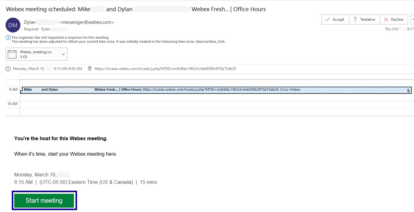 Start meeting button highlighted