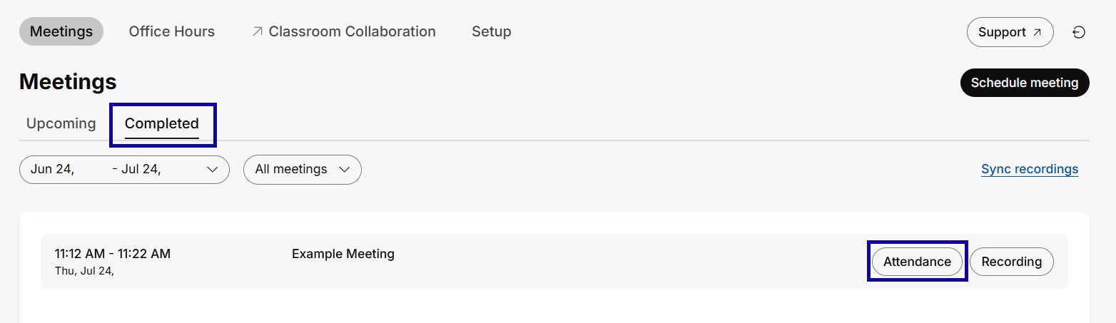 Completed tab and attendance button highlighted