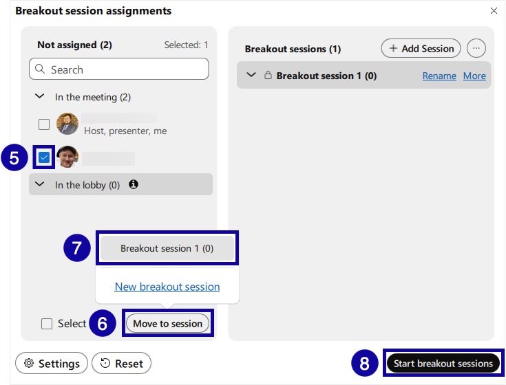 Start breakout session and options highlighted