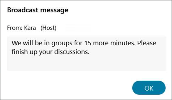 Example of a broadcast message from the student perspective.