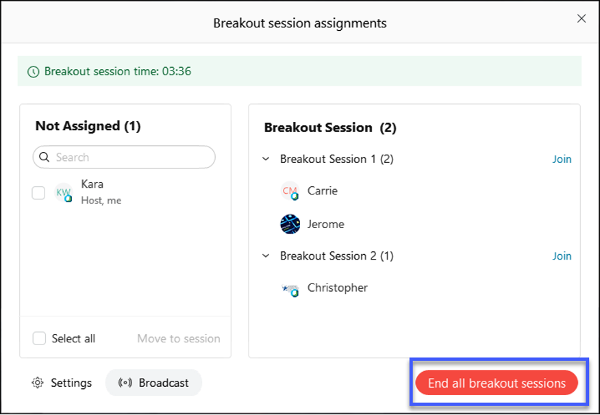 End all breakout sessions example