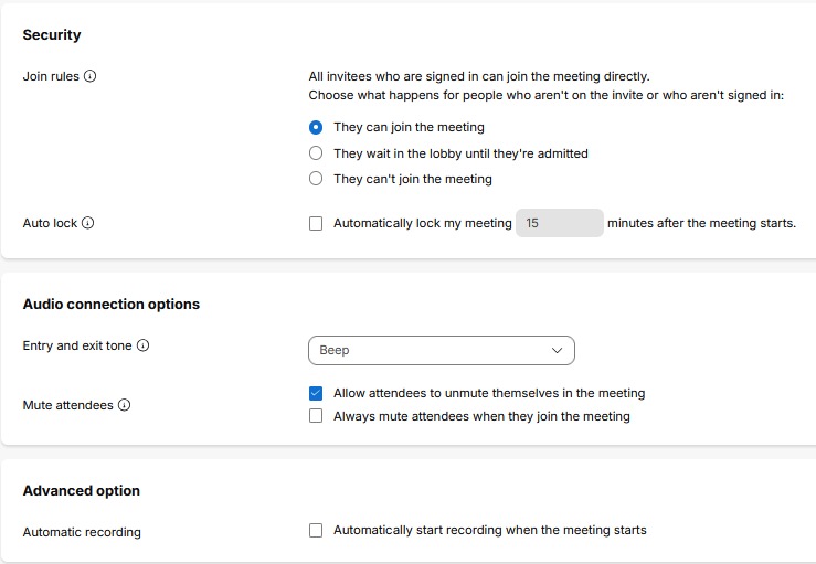 Security, Audio connection options, and Advanced option