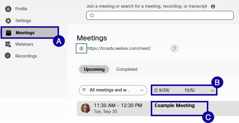 A: Meetings, B: Calendar, and C: Title of the meeting