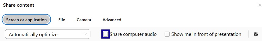 Share computer audio checkbox highlighted