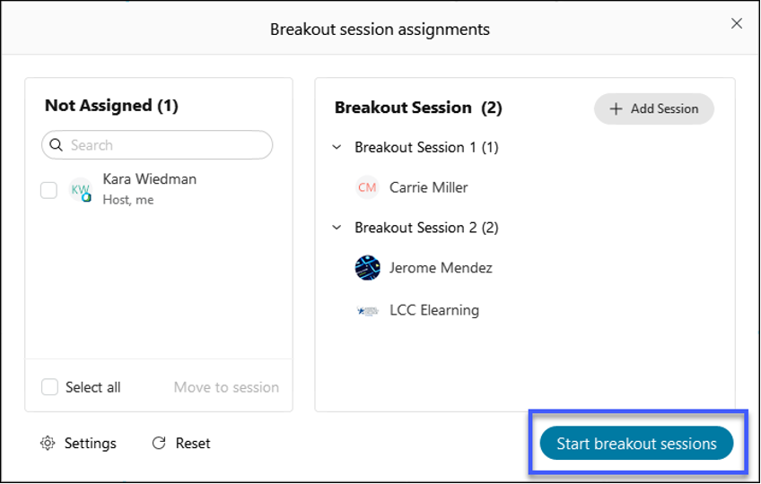 Start breakout sessions example