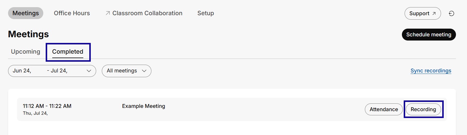 Completed tab and recording button highlighted