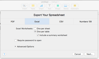 Export Your Spreadsheet menu in Apple Numbers.