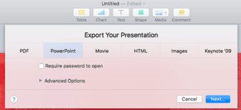 Export Your Presentation menu in Apple Keynote.