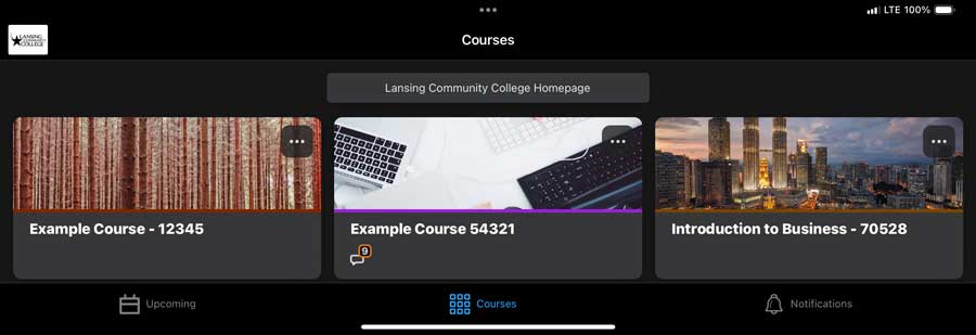 Course selection of the Brightspace Pulse App in tablet view.