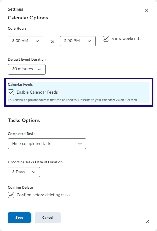 Calendar feeds with enable calendar feeds checked and highlighted