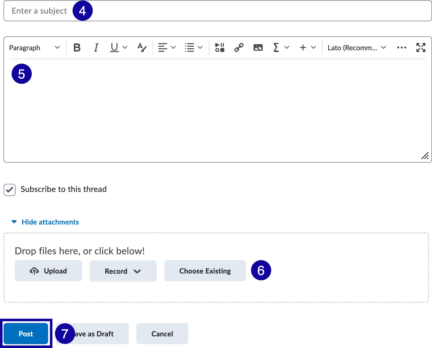 Enter a subject and message, and then select Post