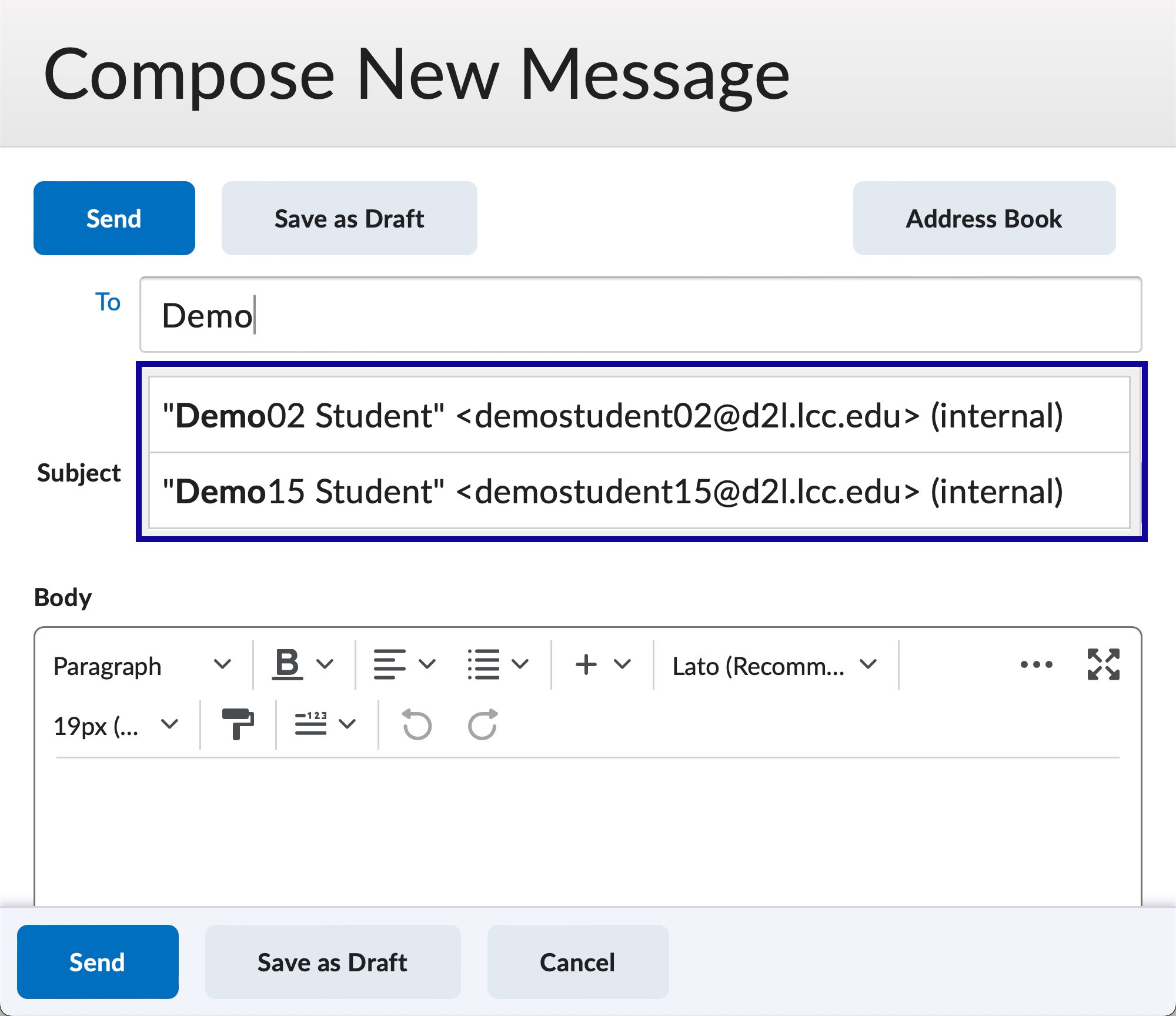 Start typing a name to select a recipient from the address book