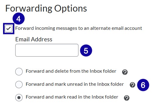 4 Forwarding option checked 5 email address filed empty 6 forward and mark read in the inbox folder