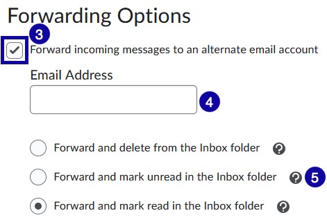4 Forwarding option checked 5 email address filed empty 6 forward and mark read in the inbox folder