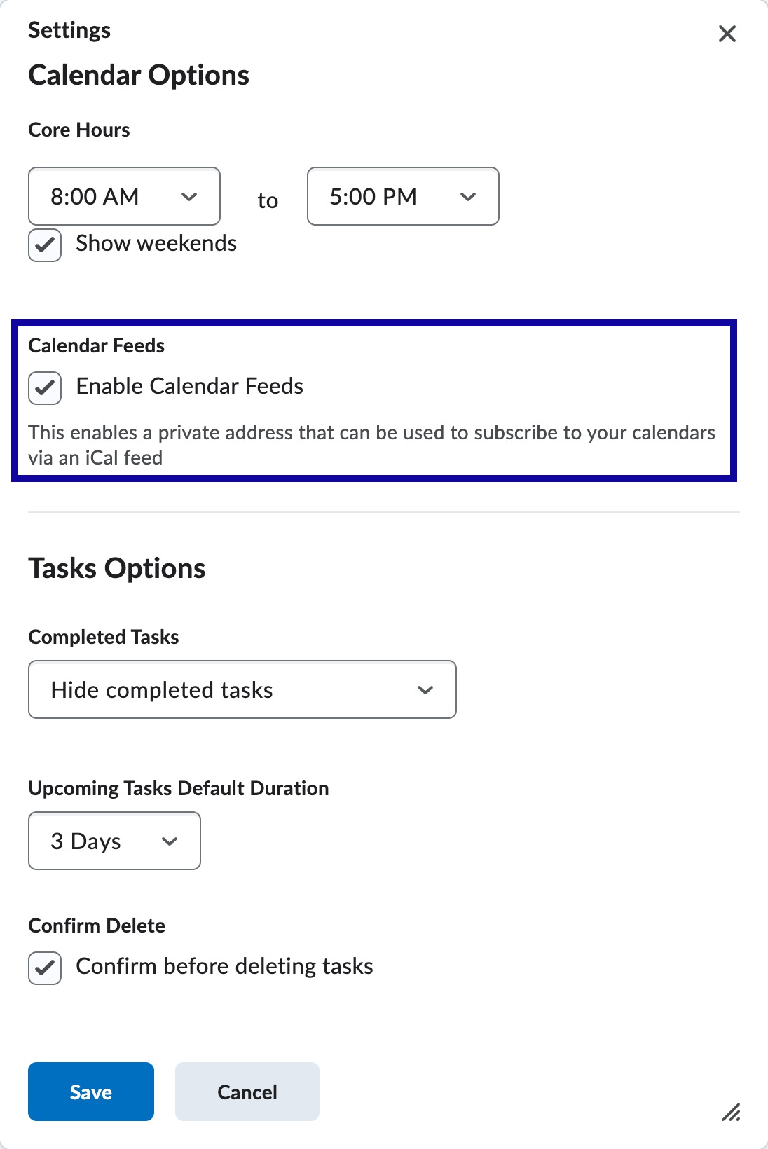 Calendar feeds with enable calendar feeds checked and highlighted