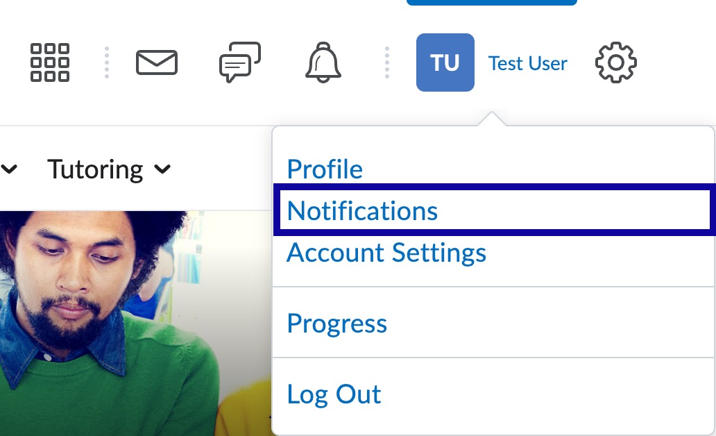 Screenshot indicating Notifications selected