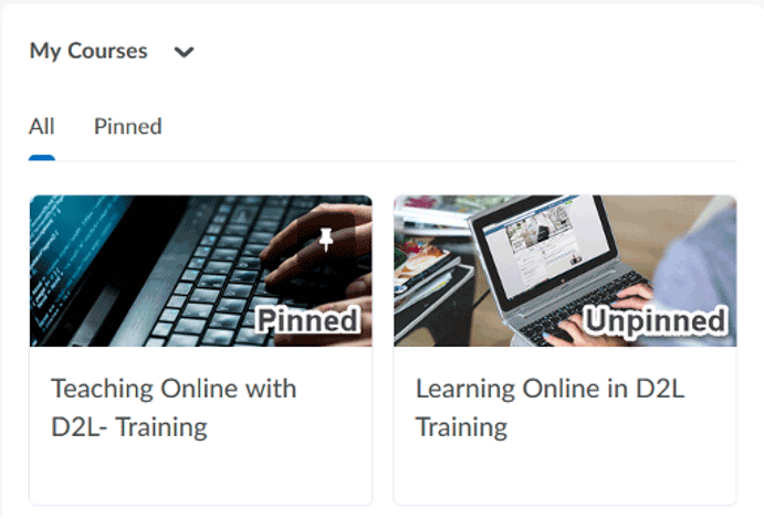 Pinned courses reveal a small pushpin icon while unpinned courses do not.