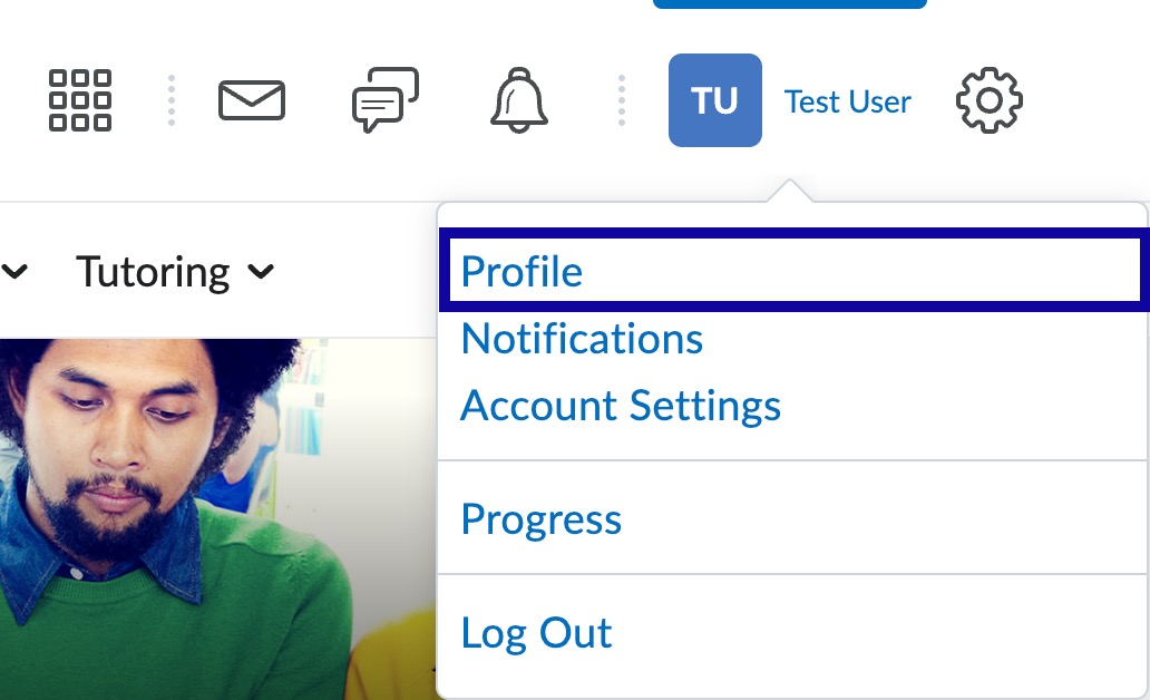 User drop-down menu with Profile highlighted.