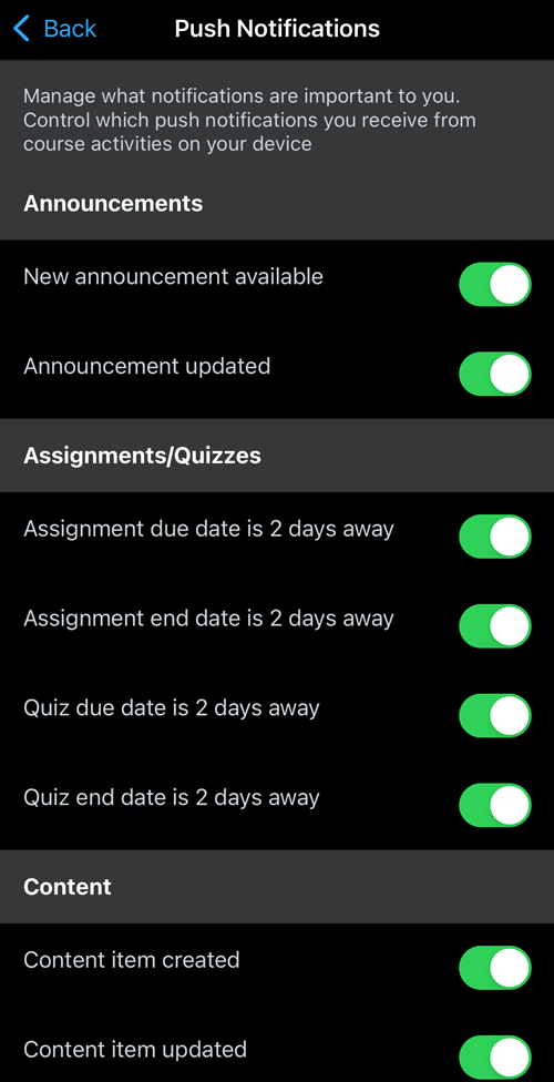 Pulse app Notifications Options menu example