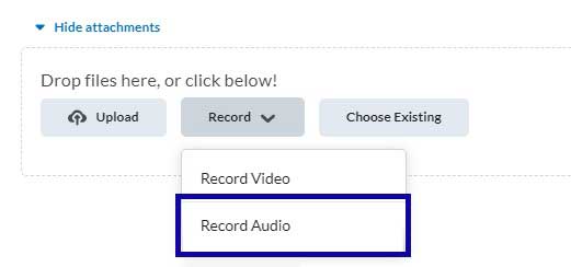 The Record Audio option is located within the Add Attachments options.