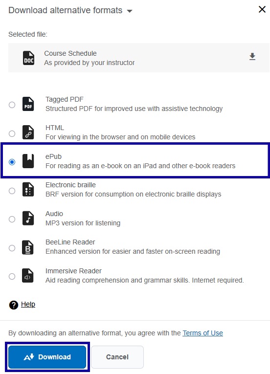 ePub selected and highlighted under download alternative formats dropdown and the download button highlighted.