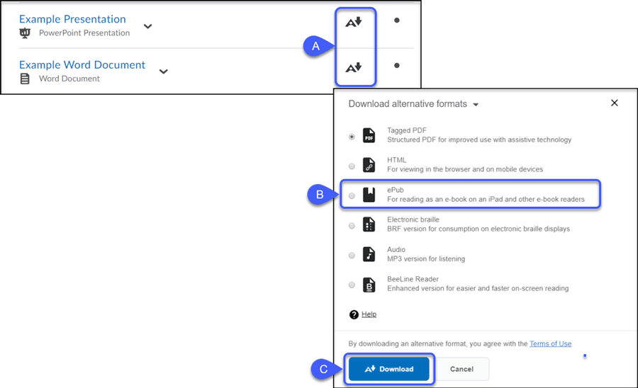 Overview of the menu options to select alternative formats.