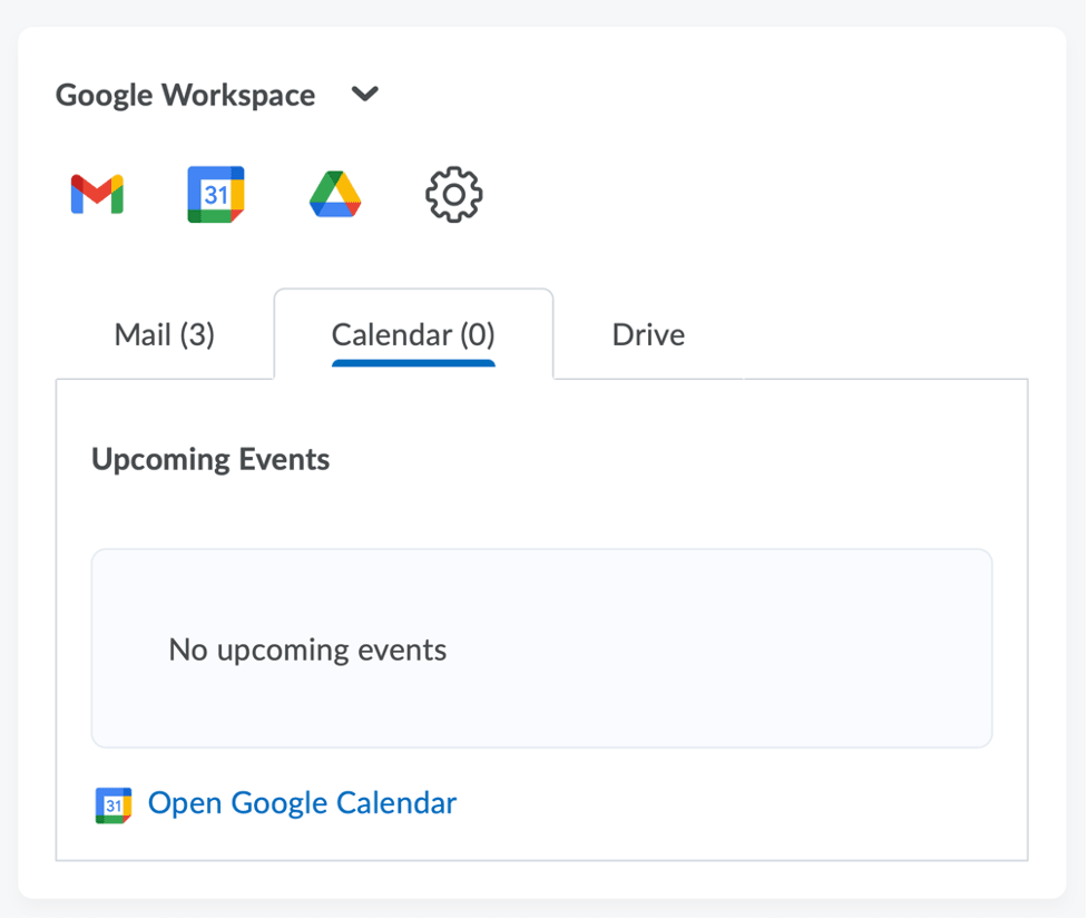 View of the Google Workspace widget, including mail, calendar and Drive.