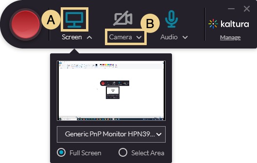 Screenshot highlighting the options to enable, diable or change sources in Kaltura Capture. The letter A notates a disabled Screen Icon, while the letter B notates the preview of a face and menu to change sources.