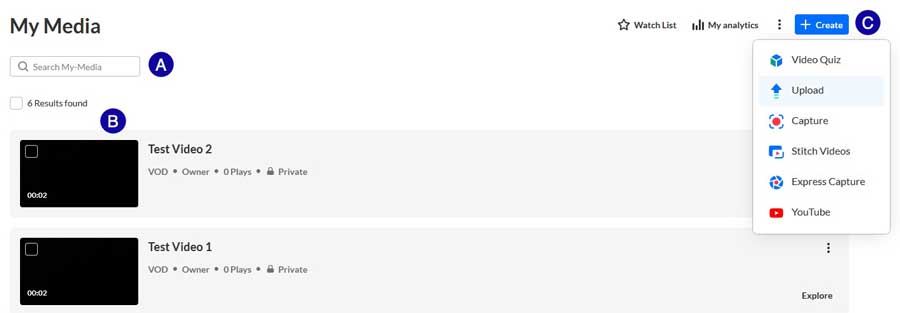 Screenshot of MyMedia with the list of media highlighted as A, the search field highlighted with B, and the + Create menu highlighted with C