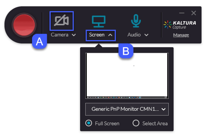 Screenshot highlighting the options to enable, diable or change sources in Kaltura Capture. The letter A notates a disabled Screen Icon, while the letter B notates the preview of a face and menu to change sources.