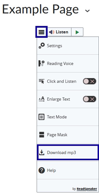 Select the webReader menu and then select Download MP3.