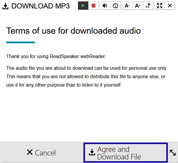 webReader MP3 download Terms of Use agreement.