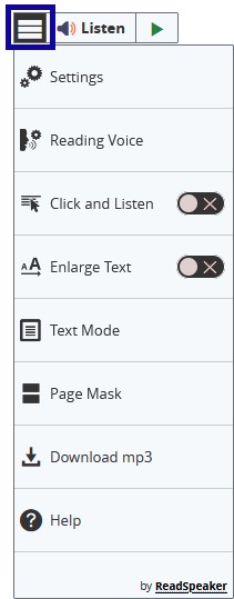 The webReader menu expanded to show available options.