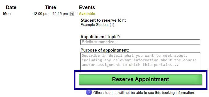 Screenshot highlighting the link to Reserve Appointment.