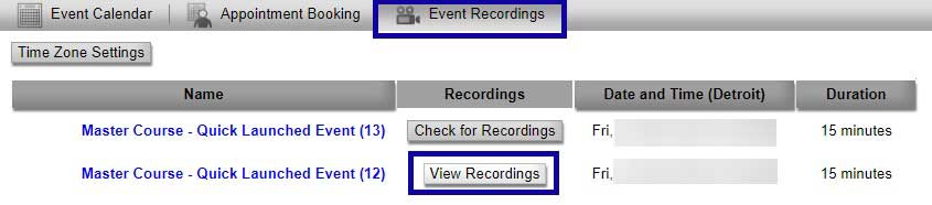 Screenshot of the Event Recordings tab, highlighting View Recordings.