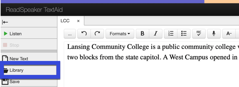 Select library within the ReadSpeaker TextAid navigation menu.