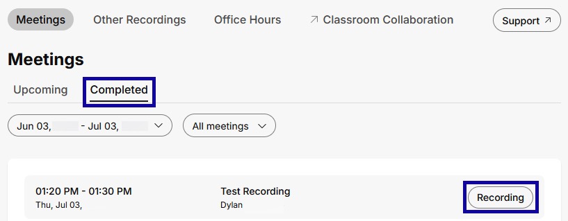 Completed tab and recording button highlighted
